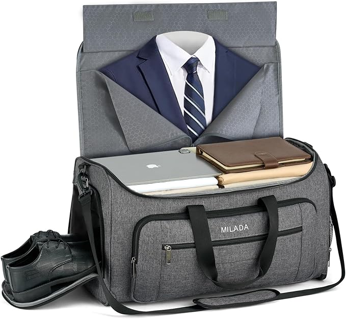 MILADA Convertible 2-in-1 Garment Duffel Weekender Bag Carry On Garment Bags for Travel Hanging Clothes Suit Bag Foldable Personal Item Business Overnight Bag with Shoe Compartment, Dark Grey