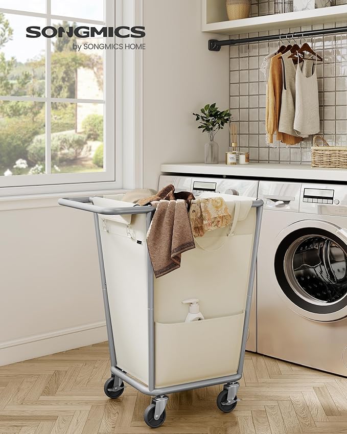 SONGMICS Laundry Basket with Wheels, 34.3 Gallons (130 L) Rolling Laundry Hamper with Removable Bag, Heavy-Duty Steel Frame, Cream White URLS008W01