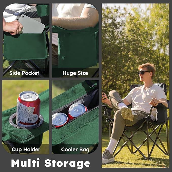 Oversized Camping Chairs 2 Pack - 450lbs Support Heavy Duty Folding Camp Chair Wide Portable Outside Collapsible Chairs with Carry Bag,Cooler,Cup Holder for Outdoor,Lawn,Sports,Baseball,Soccer-Green