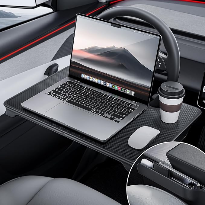 YONZEE 2-in-1 Car Steering Wheel Desk Tray & Car Seat Gap Filler Organizer – Foldable Carbon Fiber Look Table for Laptop, Eating Food, Writing – Universal Fit for Most Vehicles