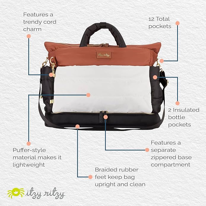 Itzy Ritzy Dream Weekender Travel Bag – Lightweight Overnight Bag with Base Compartment, 12 Pockets, Bottle Holders & Strap