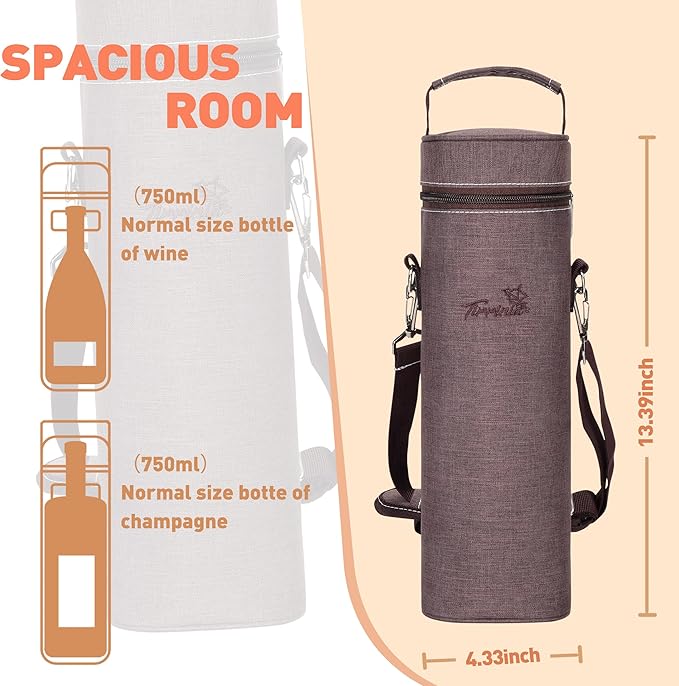 Tirrinia Single Bottle Wine Gift Carrier Bag, Insulated Travel Wine Cooler Tote with Shoulder Strap for Picnic, Party, BYOB Restaurant, Portable One Bottle Wine Chiller Container, Gift for Wine Lovers