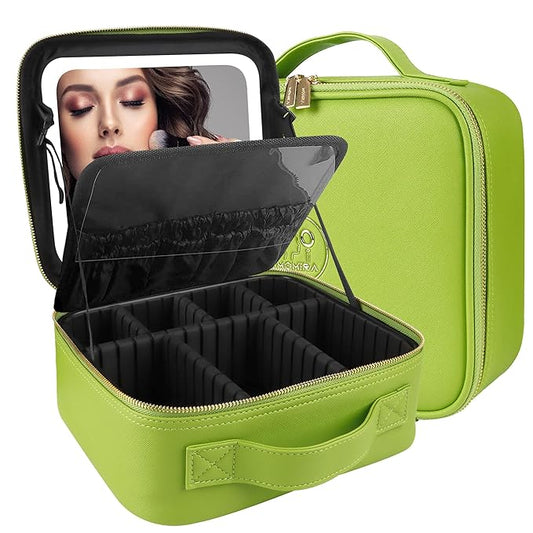 MOMIRA Travel Makeup Bag Cosmetic Bag Makeup Organizer Bag with Lighted Mirror, Adjustable Brightness in 3 Color Scenarios, Waterproof Makeup Train Case, Gift for Women - Grass Green