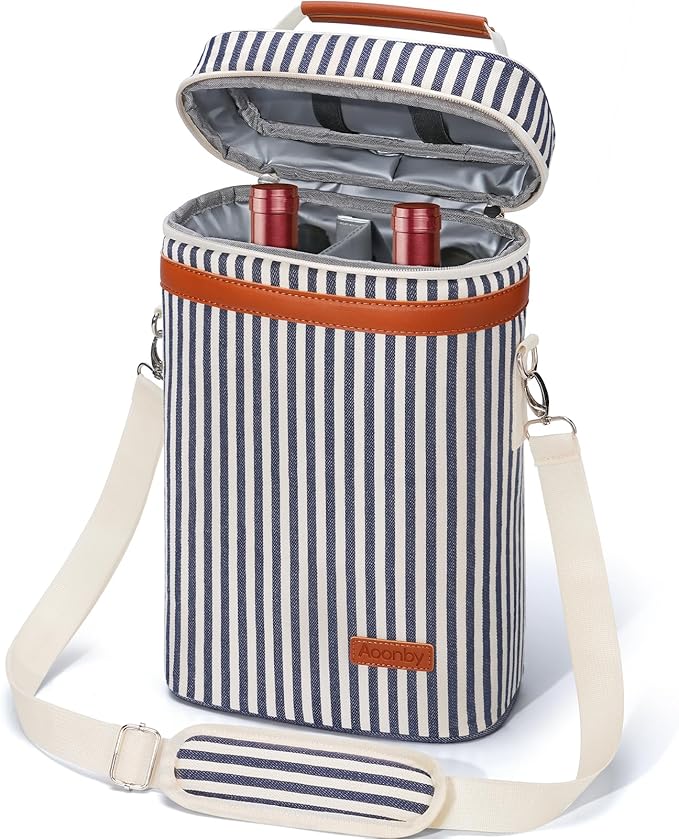 2 Bottle Wine Bag Wine Cooler Carrier Wine Gift Tote Bag, Leakproof & Insulated Bottle Bags for Travel, BYOB, Beach, Dinner, Party, Christmas Gifts for Wines Lovers Women Men - Navy Stripe