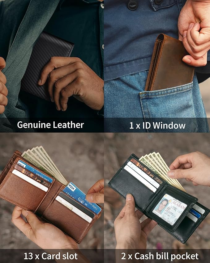 Mens Wallet Genuine Leather Bifold RFID Blocking Wallet for Men with 1 ID Window 13 Card Holders 2 cash pockets 1 Gift Box