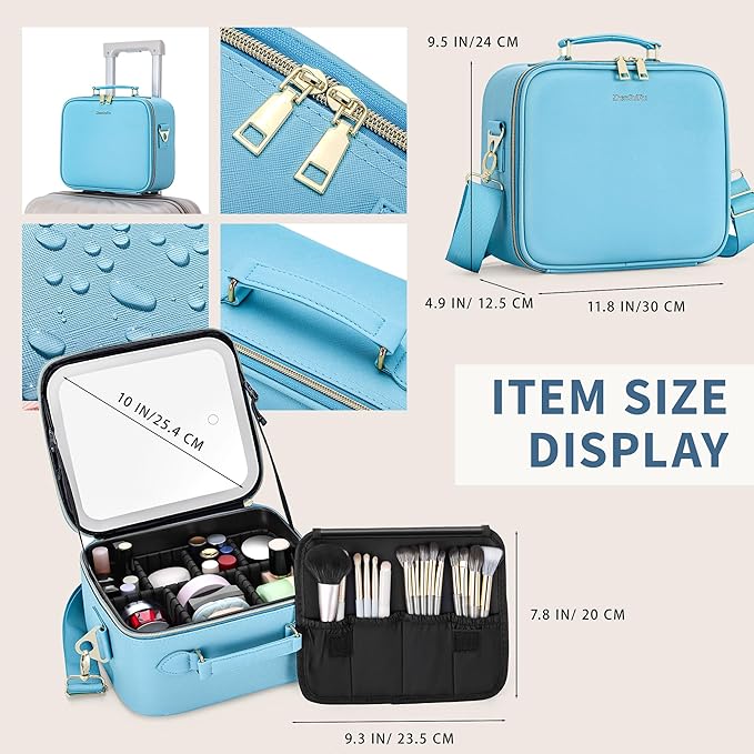 Travel Makeup Bag with LED Mirror, Cosmetic Train Case with Lighted Mirror, Waterproof Makeup Organizer Case for Brush Holder Storage, Travle Toiletry Bag for Women Gift