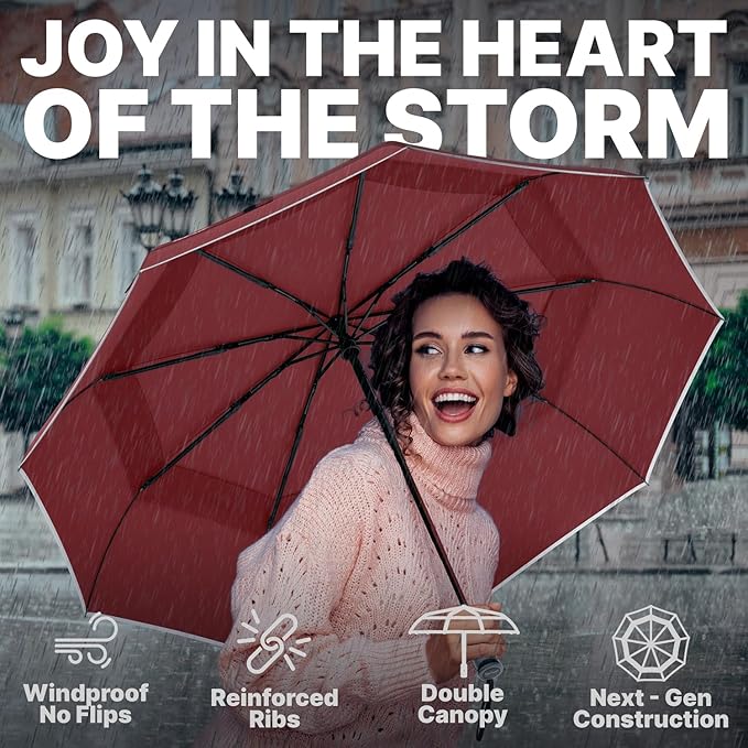 Royal Walk Windproof Folding Travel Umbrella Compact and Strong Luxurious Real Wood Handle Automatic Open Close Vented Double Canopy for Men and Women