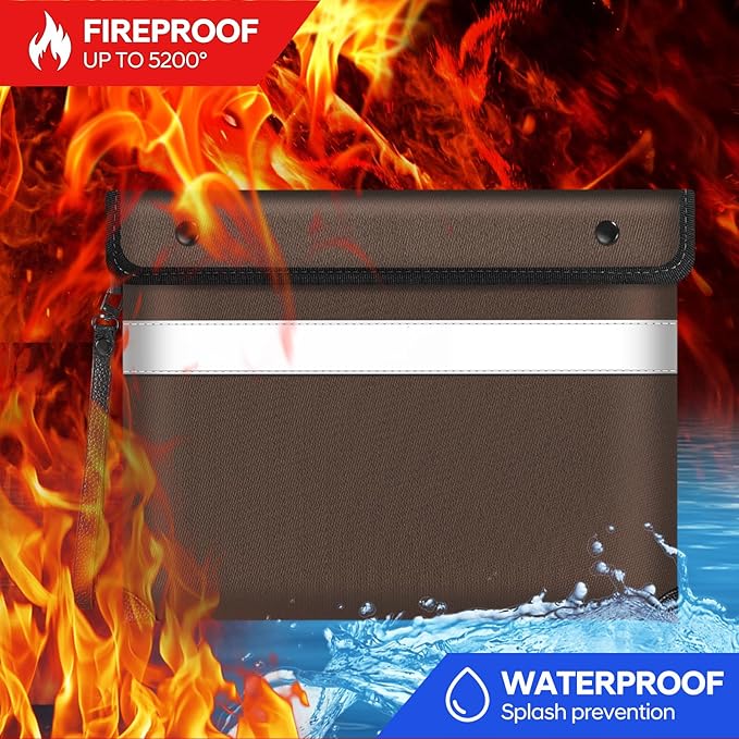 Fireproof Bag for Documents (11 x 7.7 inch)-5200 Heat Insulated, Waterproof Document Pouch with Double-Sided Reflective Strip, Money Bag for Cash (Brown)