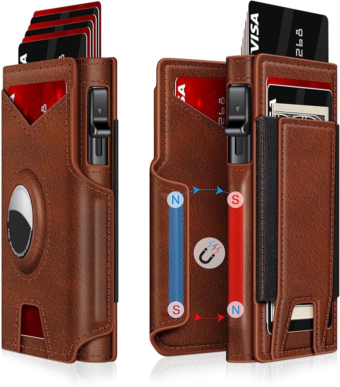 Airtag Wallet for Men, Minimalist Slim Mens Wallet Smart Pop Up Credit Card Holder for 9-13 Cards, RFID Blocking Wallet with ID Window & Cash Slot, Compact Bifold Metal Aluminum Card Case