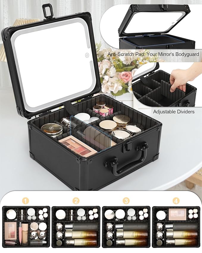 Makeup Box with LED Mirror, Makeup Bag with Light up Mirror& Adjustable Dividers Travel Make up Train Case Portable Cosmetic Organizer Case Waterproof Organizer Bag Gifts for Women and Girls