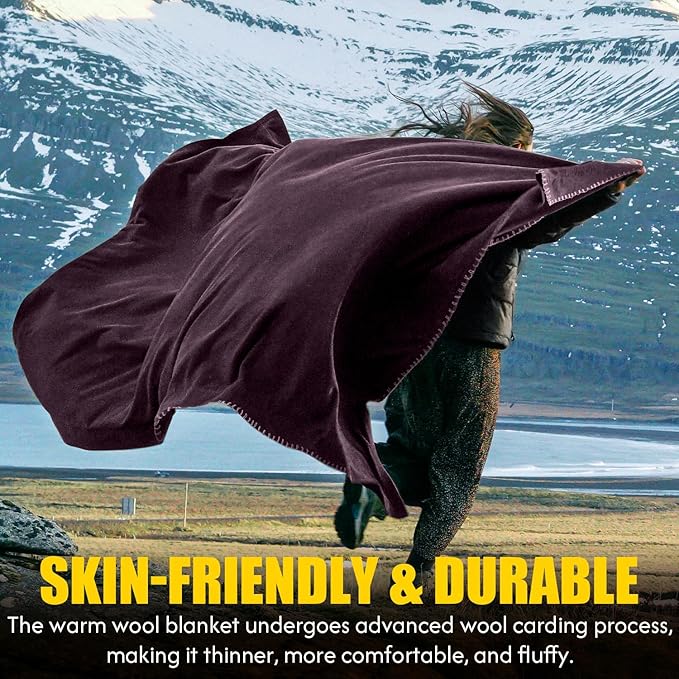 100% Wool Blanket, 62" x 86", Warm, Thick, Washable, Military Wool Blanket, Great for Camping, Outdoors, Sporting Events, Survival Kits, Plum