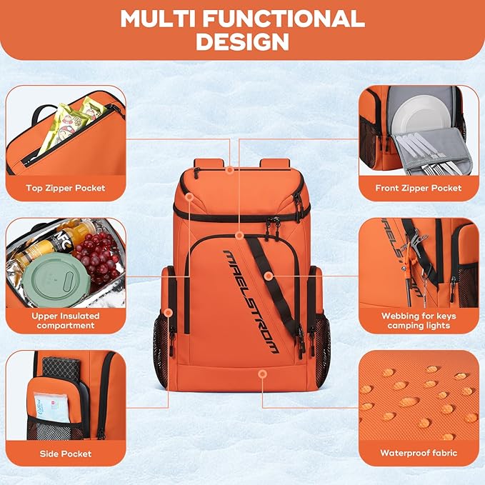 Maelstrom Backpack Cooler,36 Can Cooler Backpack,Soft Cooler Bag Insulated Leakproof,Lightweight Ice Chest Backpack,Travel Cooler Lunch Backpack for Camping,Hiking,Beach,Orange