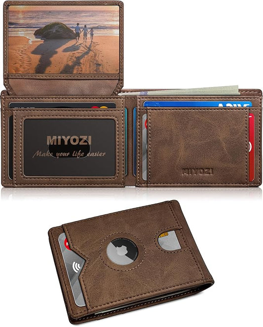 Airtag Wallet for Men,with Cash Pocket 2 ID Window 13 Cards,Slim Leather Wallet Front Pocket Card Holder RFID Blocking with Gift Box