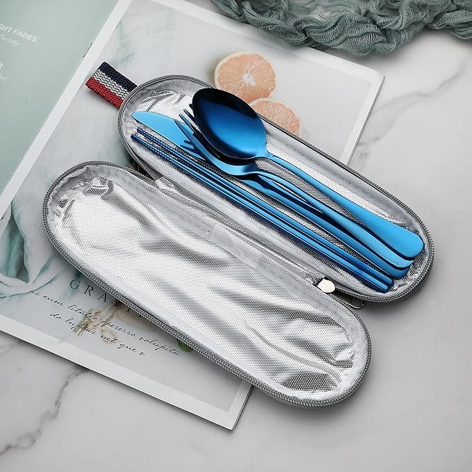 DEVICO Camping Utensils, Portable Travel Utensils with Case, Stainless Steel Reusable Silverware for Lunch Adult, 5Pcs Cutlery Set Includes Knife Spoon Fork Chopsticks and Case (Blue)
