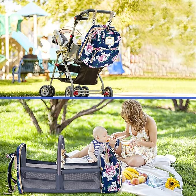 Diaper Bag Backpack with Changing Station, Foldable for Bady Toddler, 3 in 1 Large Capacity Newborn Essentials Organizer with Stroller Hook for Girls and Boys（Blue）