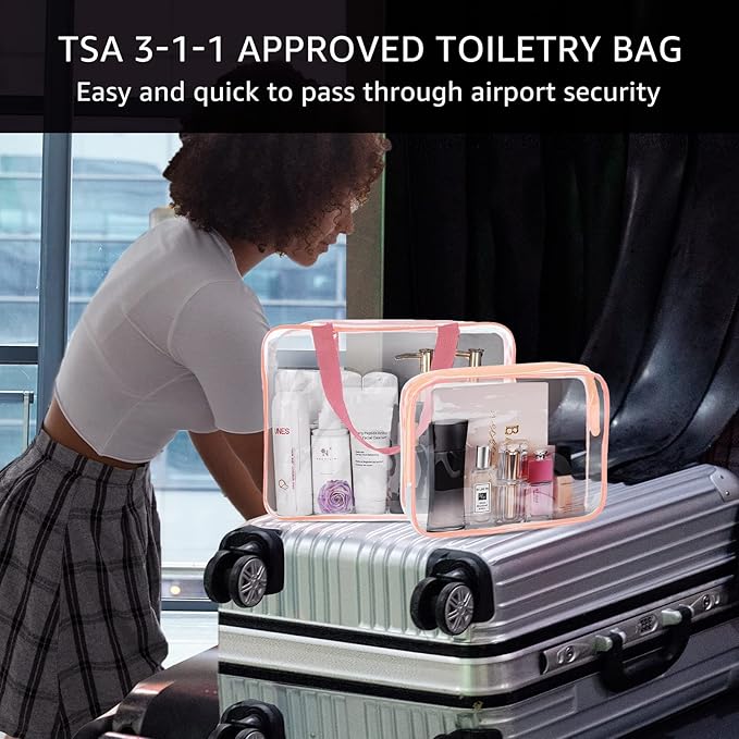 3Pcs Crystal Clear PVC Travel Toiletry Bag Kit for Women Men, Waterproof Vinyl Packing Organizer Storage Bags with Zipper Handle Straps, Cosmetic Pouch Carry on Airport Airline Compliant Bag Handbag