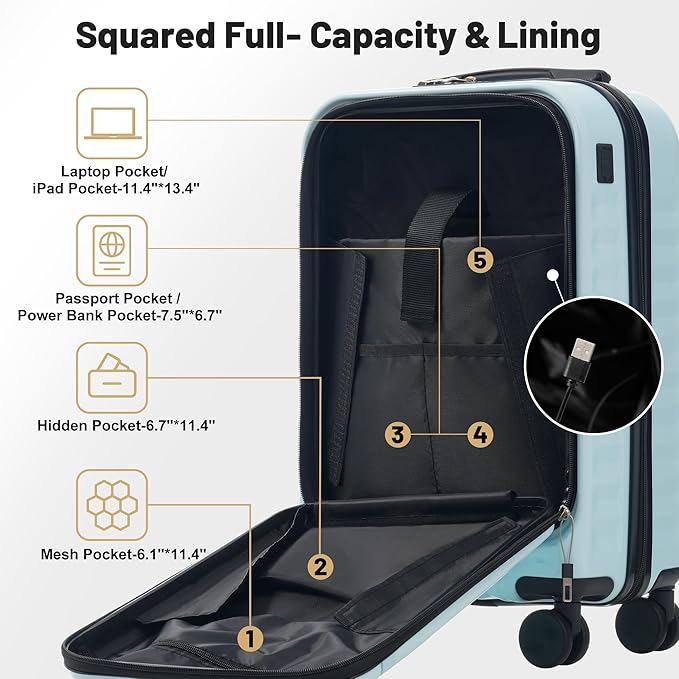 Merax Luggage Sets Front Opening, 2 Piece Hardshell Suitcase with Spinner Wheels and Bags,Lightweight Carry on Luggage with USB Port,20+24,Light Blue