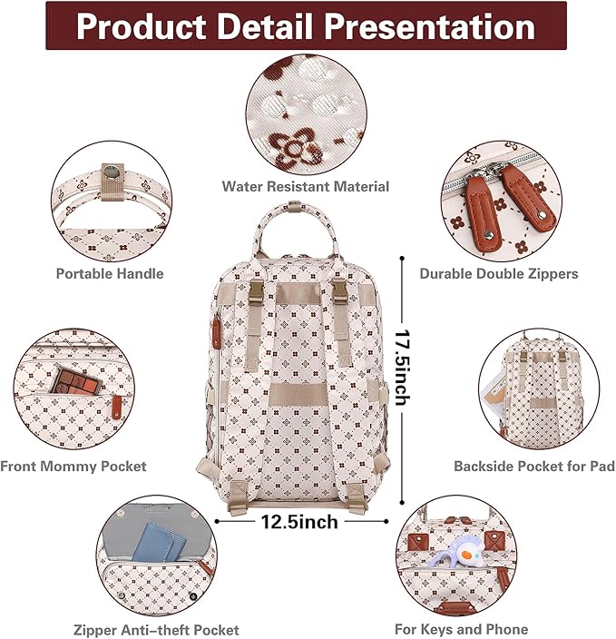 Baby Diaper Bag Backpack, Baby Bag for Girls Large Capacity with Stylish Flora, Travel Back Pack Multifunction Waterproof, Newborn Baby Registry Shower Gifts, Pink05