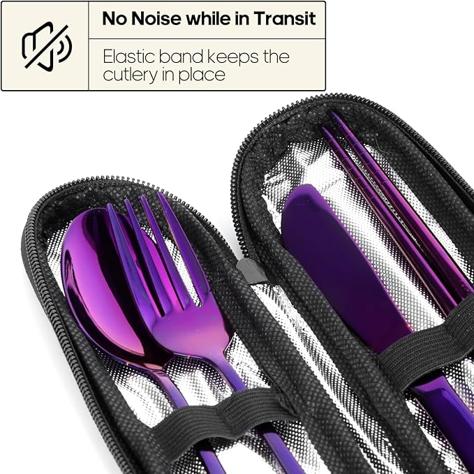 Travel Utensils with Case, Quatish Portable Silverware Set for Work, Stainless Steel Reusable Travel Cutlery Set, Fork and Spoon Set for Camping, EDC Gadgets, Lunch Box for Men, Purple