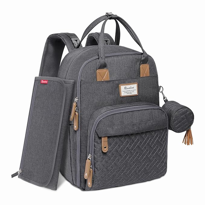 RUVALINO Diaper Bag Backpack, Multifunction Travel Pack Maternity Baby Changing Bags, Large Capacity, Waterproof, Dark Gray