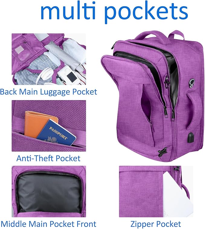 50L Carry On Backpack, Extra Large Laptop Backpack, Travel Backpack for Women, Expandable Water Resistant Big Bag Anti-Theft Business Daypack Fit 17 Inch Laptop with USB Port,Purple