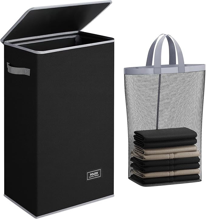 SOLEDI Slim Laundry Hamper with Lid, Narrow Laundry Basket with Removable Bags, Dirty Clothes Hamper with handle, Small Hamper perfect for Laundry room, Bathroom, Bedroom, Small spaces. 70L Black