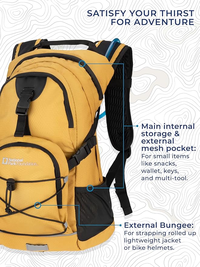 National Park Foundation 18L Hydration Backpack with 2 Liter Hydro Water Bladder Bag, Lightweight Daypack for Cycling, Hiking, Running, Climbing, for Men Women Kids