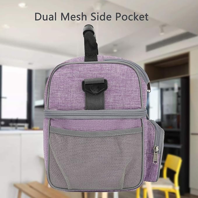 FlowFly Double Layer Cooler Insulated Lunch Bag Adult Lunch Box Large Tote Bag for Men, Women, With Adjustable Strap,Front Pocket and Dual Large Mesh Side Pockets