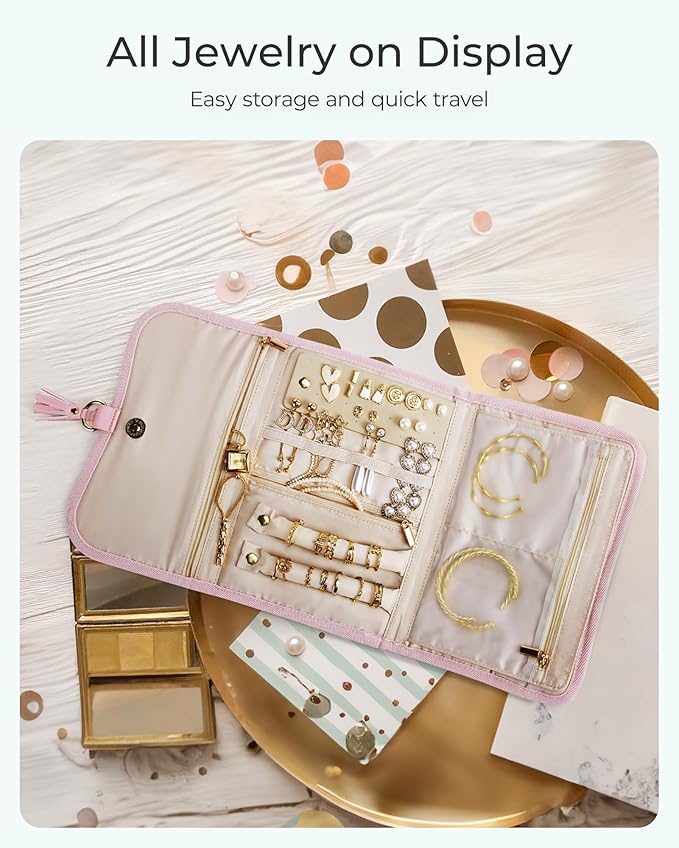 BAGSMART Travel Jewelry Case Organizer, Roll Foldable Jewelry Case for Journey-Rings, Necklaces, Earrings, Bracelets, Brooches, Portable Travel Essentials, Pink