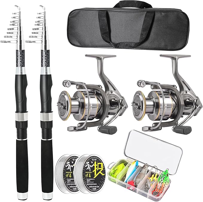 2PACK Fishing Pole Combo,Carbon Fiber Fishing Rod Spinning Reels Fishing Carrier Bag for Travel Saltwater Freshwater