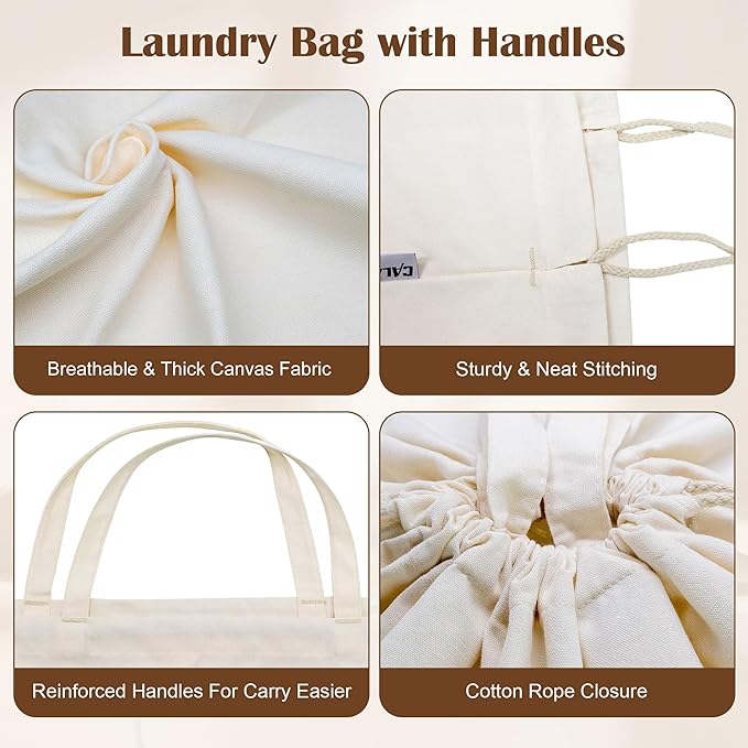 Canvas Laundry Bag 33"x 35", Thick Cotton Laundry Bag with Handles & Drawstring, Extra Large Heavy Duty Washable Basket Liner Hamper Liner Canvas Storage Sack (Beige XL, 1 Pack)