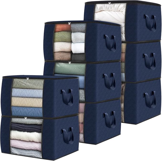 Fab totes 8 Pack Clothes Storage, Foldable Thick Fabric Blanket Storage Bags, Containers for Organizing Bedroom, Closet, Clothing, Comforter,Closet Organization with Handle,Blue