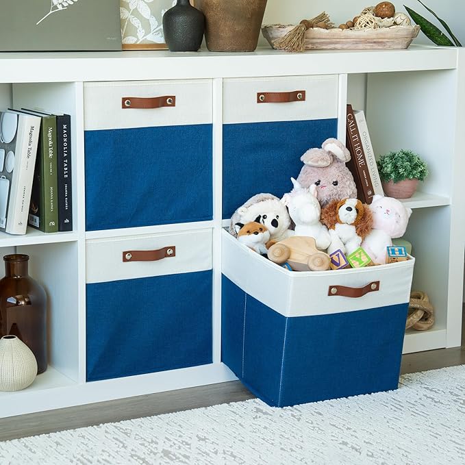 OrganiHaus 13x13 Cube Fabric Storage Bins Set of 4, Fabric Storage Cubes w/ Vegan Handles, 13 inch Collapsible Bins for Clothes & Toy Organizer, Cubbies Organizer, 13x13 Basket for Decor - Navy Blue