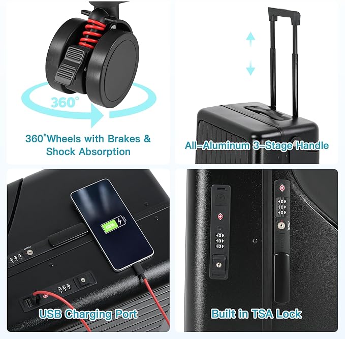 22" Ride On Luggage with Seat for Kids & Adults, Lightweight Hardside Ride-On Suitcase with Front Opening, TSA Lock, 360° Spinner Wheels, Black