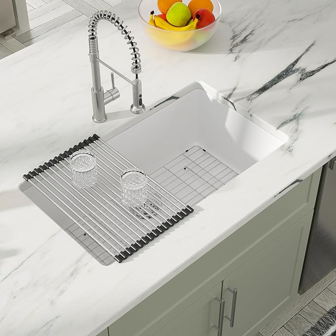 Dcolora 33" Quartz Granite Composite White Kitchen Sink Undermount Sink Deep Single Bowl, Round Corner, 33"x19", DC-GU7750