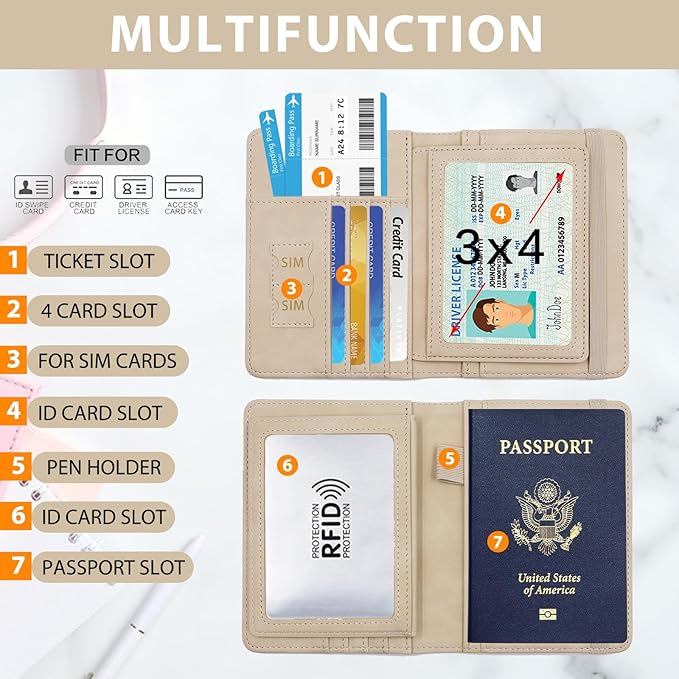 Melsbrinna Rfid Passport Holder for Travel women/Men, Cute Passport Wallet Rfid Blocking Card Slots, Rfid Passport Cover/CaseTravel Wallet, Passport Book Holder (1, Beige)