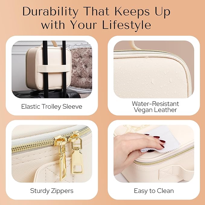 Makeup Bag with LED Mirror – Travel Cosmetic Organizer with Lighted Mirror, Adjustable Dividers & Brush Holder Storage – Portable PU Leather Makeup Case for Women & Girls - Cream