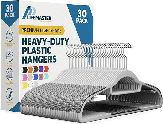 Lifemaster Plastic Clothes Hanger Set - 30 Pieces Versatile, Lightweight, Space-Saving, Non-Slip, Slim Designed, Dry and Wet Clothes Hanger Set with 360° Swivel Hook and Rubber Coating - Gray