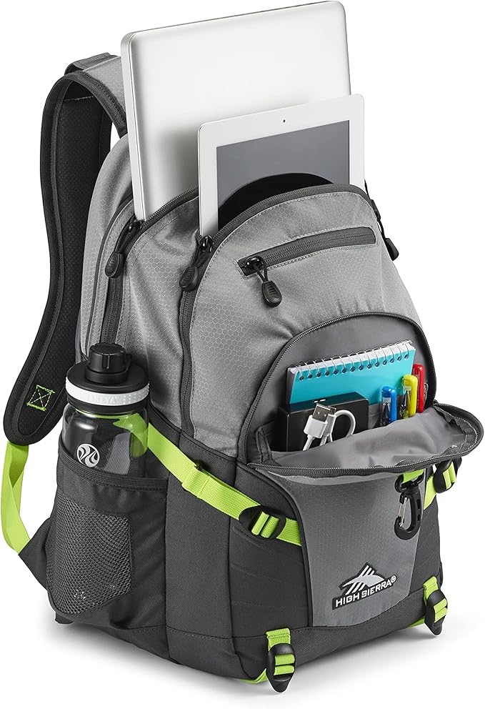 High Sierra Loop Backpack, Travel, or Work Bookbag with tablet sleeve, One Size, Steel Grey/Mercury/Neon Green