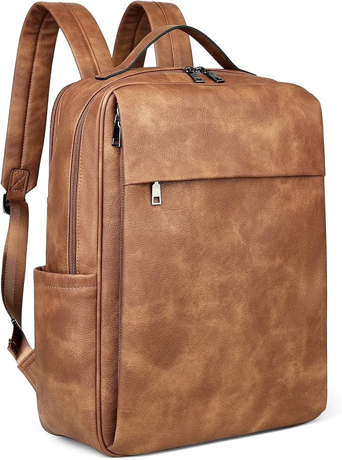 MASINTOR 15.6 inch PU Leather Laptop Backpack Purse for Women, Large College Casual Backpack Travel Bag Mocha Brown