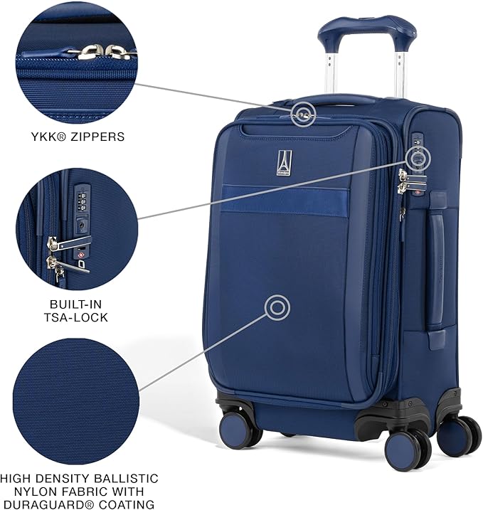 Travelpro VersaPack+ Lightweight Softside Expandable Carry on Luggage, 8 Spinner Suitcase, TSA Lock, Men and Women, Compact Carry On 20-Inch, Estate Blue