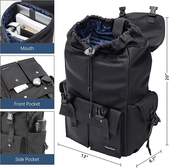 Black backpack for men, 16 inch laptop backpack with computer compartment, Drawstring slim waterproof tech backpack for travel, work, college or daily use, Large 30 L