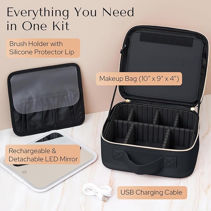 Makeup Bag with LED Mirror – Travel Cosmetic Organizer with Lighted Mirror, Adjustable Dividers & Brush Holder Storage – Portable PU Leather Makeup Case for Women & Girls - Black