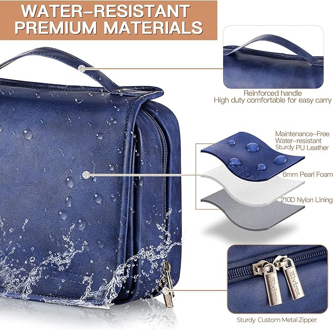 Elviros Hanging Toiletry Bag for Men Travel Essentials 3-in-1 Large Waterproof Dopp Kit PU Leather Shaving Bag with Separate Compartments for Grooming and Toiletries