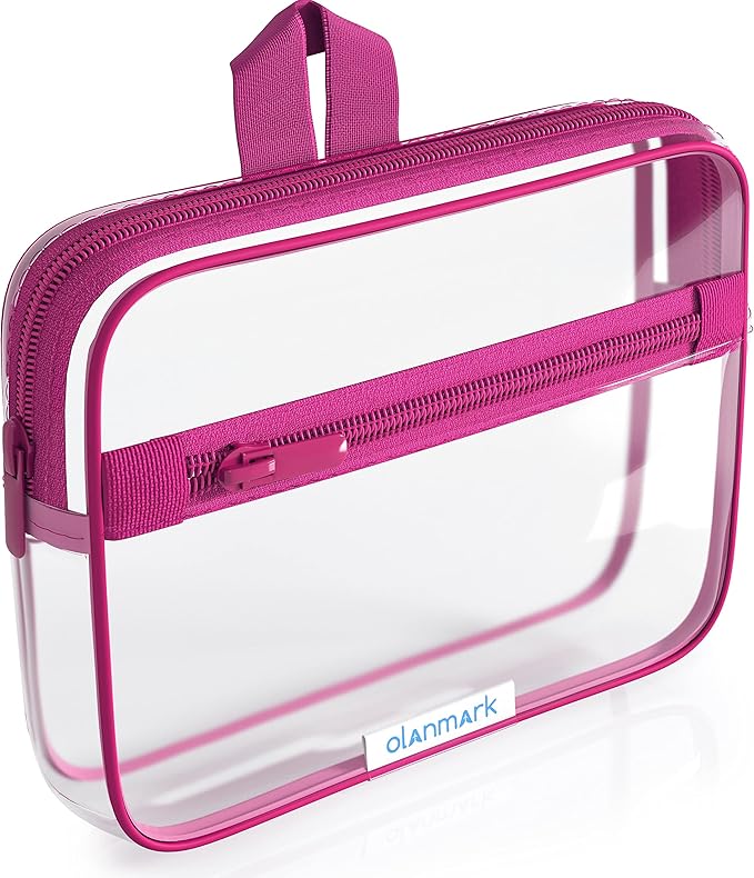 TSA Approved Toiletry Bag 3-1-1 Clear Travel Cosmetic Bag with Handle - Quart Size Bag with Zipper - Carry-on Luggage Clear Toiletry Bag for Liquids - Airport Airline TSA Compliant Color Pink