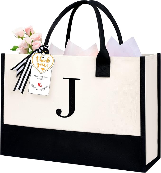 BAGAIL Initial Tote Bag, Personalized Birthday Gifts for Women, Teacher, Friends, Mom, Wedding, Monogrammed Beach Bag