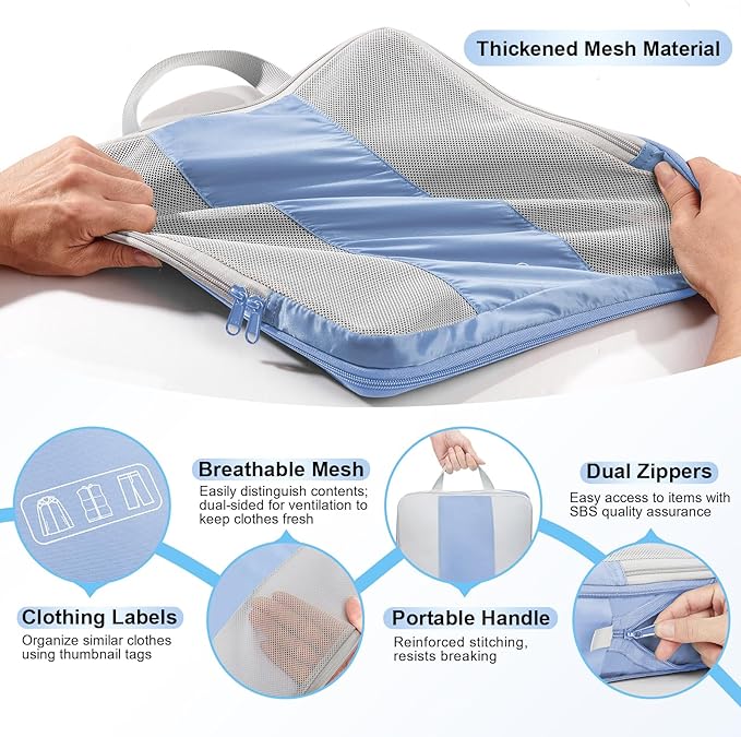 8 Set Compression Packing Cubes for Travel Essentials,Compressible Expandable Packing Cubes for Suitcase,OlarHike Luggage Organizer Bags for Travel,Handy Helper for Organizing Clothes(Light Blue)