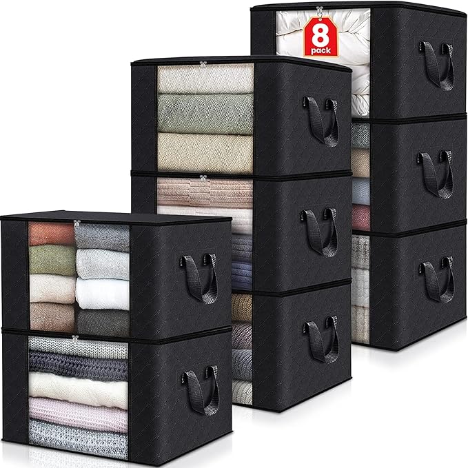 Fab totes 8 Pack Clothes Storage, Foldable Thick Fabric Blanket Storage Bags, Containers for Organizing Bedroom, Closet, Clothing, Comforter,Closet Organization with Handle,Black