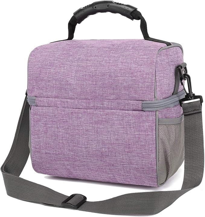 FlowFly Double Layer Cooler Insulated Lunch Bag Adult Lunch Box Large Tote Bag for Men, Women, With Adjustable Strap,Front Pocket and Dual Large Mesh Side Pockets