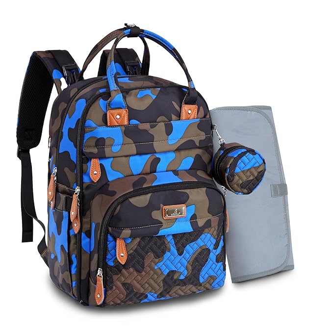 BabbleRoo Diaper Bag Backpack - Baby Essentials Travel Tote - Multi function Waterproof Diaper Bag, Travel Essentials Baby Bag with Changing Pad, Stroller Straps & Pacifier Case - Unisex, Blue Camo